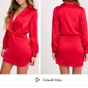 Red Front Twist Silky Dress
